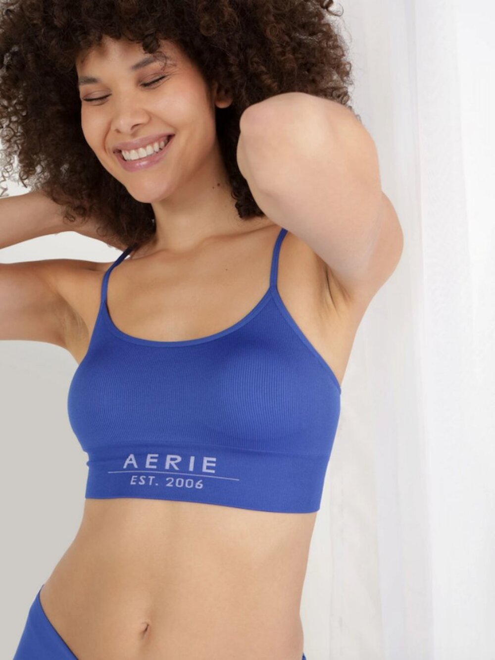 Aerie Superchill Seamless Logo Bra Top Adjustable Straps Blue Medium NWOT